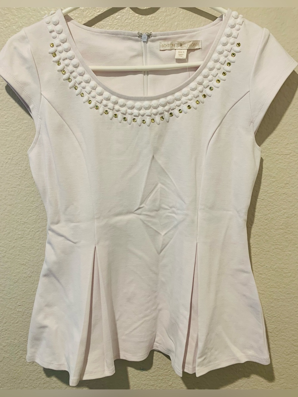 Boston Proper White Studded Scoop Neck Peplum Top